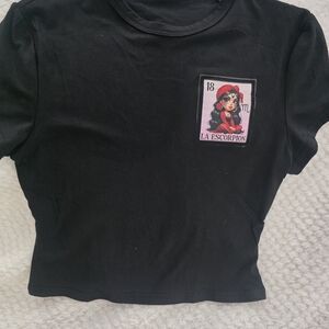 Black Graphic Crop Tee with La Escorpion Patch